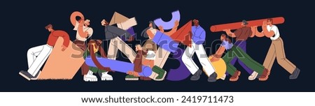 Teamwork, business collaboration, partnership concept. Employees team building in office. People work together. Colleagues create new project with geometric shapes. Flat isolated vector illustration