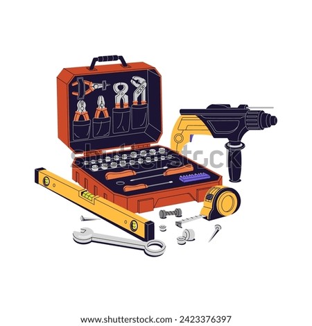 Engineer toolkit for repair home. Builder toolbox with different work instruments. Construction level, drill, pliers, screwdriver in tool box. Flat isolated vector illustration on white background