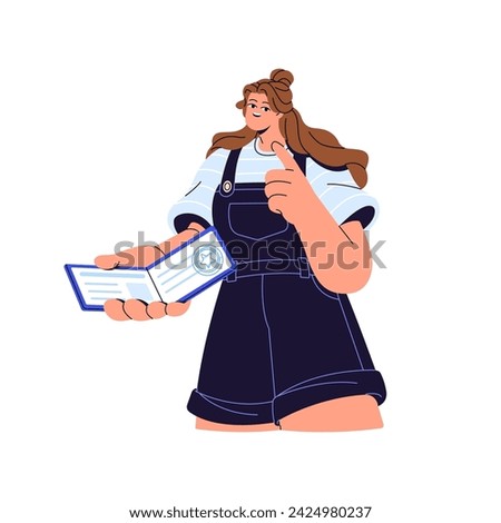 Student shows personal pass. Young woman presents proof of identity, identification document. Girl pointing at face to identify license in security access. Flat isolated vector illustration on white