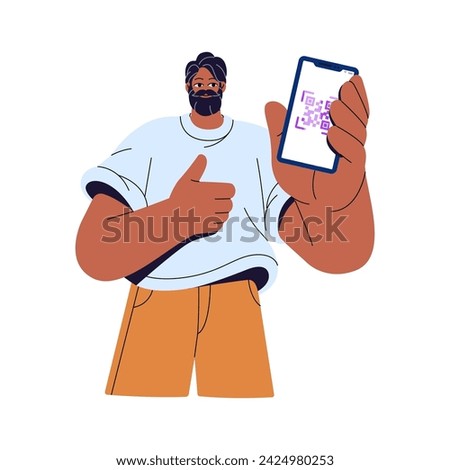 Bearded man shows qr code, link to identity documents. Person presents id qrcode in phone. Character holds smartphone, gesturing thumbs up. Flat isolated vector illustration on white background