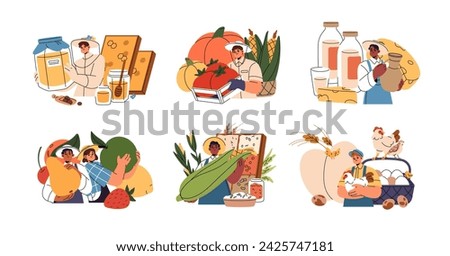 Farmers sell on local market concept set. Agriculture vendors sale fruit, vegetables, honey, cheese, eggs. Farm sellers of harvest, eco food. Flat isolated vector illustration on white background