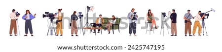 Video shooting set. Videographers recording talk show, interview with camera. Videography of news presenter, journalist on tv studio by cameraman. Flat isolated vector illustration on white background