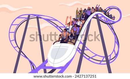 Excited people ride on high roller coaster. Happy men, women enjoy of speed, scream on extreme attractions. Friends company fun entertainment in amusement park on holiday. Flat vector illustration