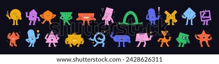 Cute geometric characters set. Different abstract shapes avatars with emotions, facial expressions. Funny maths, geometry figures. Game form of elementary education. Flat isolated vector illustration