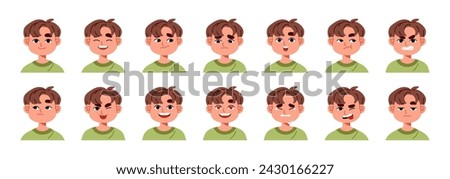 Boy facial expressions set. Kid avatars with different positive, negative emotions: sad, happy, angry, surprised. Various moods on children face. Flat isolated vector illustration no white background