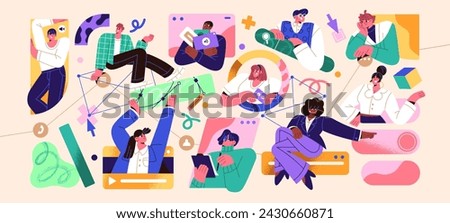 Team communication concept. Project management. Employees setting tasks, work during meeting with video call. Office workers discuss, feedback. Teamwork workflow. Flat isolated vector illustration