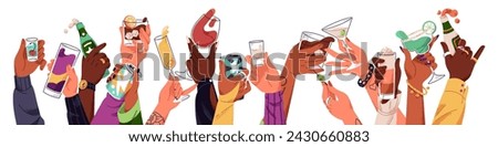 People hold different alcohol cocktails set. Glasses with martini, wine, champagne, energy drink cans, beer bottles in hands. Friends chin, cheers on party. Flat isolated vector illustration on white