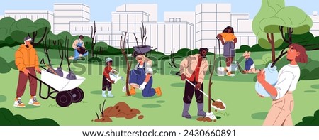 Team of ecology activists planting trees in soil. People with kids care about garden, urban park. Person watering seedlings. Characters growing saplings. Green environment. Flat vector illustration