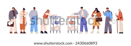 Different voters put ballot paper in transparent box. People in queue line vote at election day. Person casts questionnaire with social choice in container. Flat isolated vector illustration on white