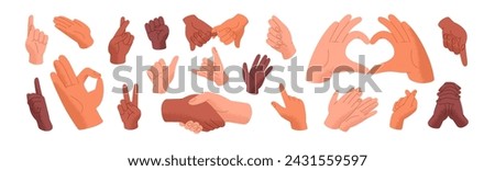 Hand gestures set. Expressions with body language: pointing finger, grip fist, handshake, touches. Different communication signs: ok, peace, love, heart. Flat isolated vector illustration on white