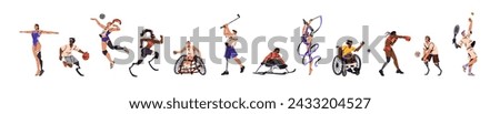 Paralympic athletes set. Disabled sportsmen in gymnastics. People on wheelchair skiing, play handball. Amputees with prosthesis go volleyball, basketball. Flat isolated vector illustration on white