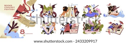 Fantasy books concept set. People read novels, readers adventure with fairy tale heroes in imagination. Fiction literature, immersing fairytale world. Flat isolated vector illustration on white