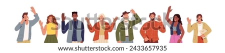 Different people say hello, hi set. Happy characters greeting, welcome or goodbye gesturing. Friendly senior does hat tip, woman arm up and waves with hand. Flat isolated vector illustration on white