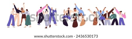 Teams celebrate success work set. Employees supports colleagues. People rise motivation, teambuilding. Happy office workers group rejoices. Flat isolated vector illustration non white background