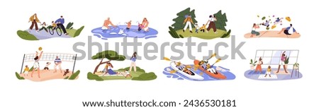 Happy family spend time outdoor set. Parents and kids play volleyball, ride a bicycle, swimming, do sport. People with children walk, have a picnic together. Flat isolated vector illustration on white