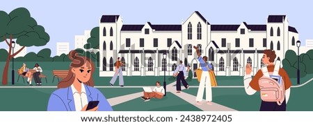 Students walk, study on lawn, meeting with friends in university park. College or high school building with grass yard. People communicate, rest outdoor, in academic garden. Flat vector illustration