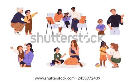 Fathers, mothers supporting, talking to children set. Good relationship between parents and child. Family communication concept. Moms, dads support kids. Flat isolated vector illustrations on white