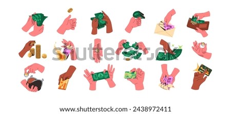 Hands hold cash money set. Golden coins, dollar and euro banknotes, plastic credit cards. People count, spend, save up in financial savings. Flat isolated vector illustration on white background