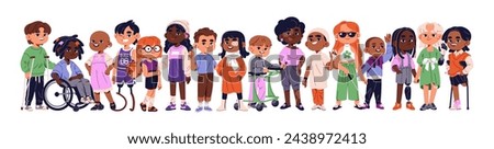 Diverse inclusive children banner. Cute disabled kids with cancer, amputated limbs, blindness. Girls and boys with bionic prosthesis, wheelchair, crutches. Flat isolated vector illustration on white