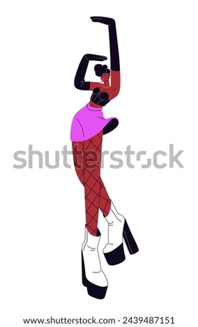 Professional vogue dancer moves hands to music. Talented performer dances in modern show. Young woman performs in concert. Contemporary motions. Flat isolated vector illustration on white background