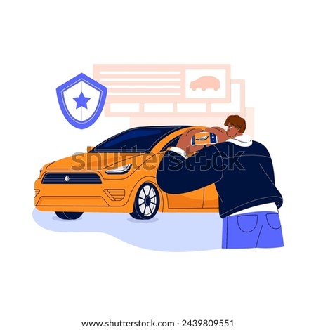 Person takes photo report for carsharing service. People rent transport in smartphone. Guy do photography of rental car by phone. Automobile sharing in app. Flat isolated vector illustration on white