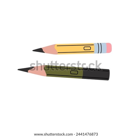 Small stubs of graphite pencils. Drawing tools, drafting instrument with lead, eraser. School stationery, office supplies for sketching. Flat isolated vector illustration on white background