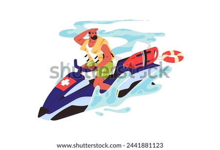 Beach lifeguard drives water scooter, looking for people to rescue. Rescuer patrols sea on jet ski. Personal watercraft to provide emergency aid, lifesaving. Flat isolated vector illustration on white