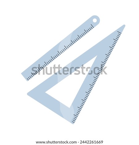 Different rulers to measure length. Metal triangle with centimeter, millimeter scale. School stationery for drafting straight lines. Geometry supplies, tool. Flat isolated vector illustration on white