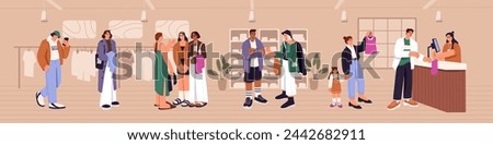 Different people waiting in queue in dress store. Customers stand in line in clothes shop. Buyers queuing to make purchase, buy in boutique. Vendor sells on the counter. Flat vector illustration