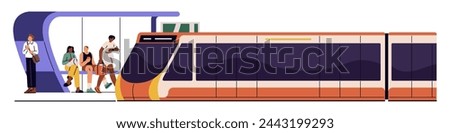 Tram arrives at stop. Passengers waiting train at subway station. Electric urban transport, underground public vehicle, mass transit. City infrastructure. Flat isolated vector illustration on white