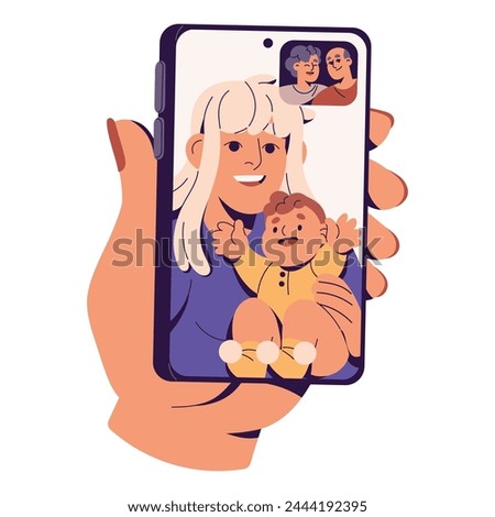 Happy mother with baby talks to her parents by smartphone. Mom shows grandchild to grandparents with video call. Young woman holds kid on hands. Flat isolated vector illustration on white background