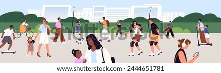 Crowd walks in urban recreational park. Families with kids relax outdoor. Happy people ride a bicycle, rollerblade, do sport, stroll on city green area. Active lifestyle. Flat vector illustration