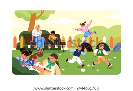 Cute kids on playground with kindergarten teacher. Preschool children running, play games, catch up, have fun, learn nature, read book on walk. Summer activities outdoor. Flat vector illustration