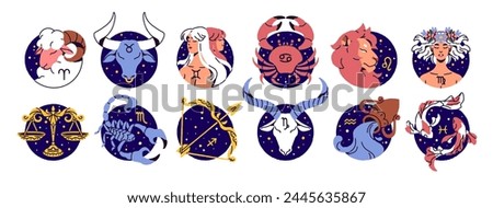 Twelve zodiac signs set. Round symbols of astrology horoscope: Aries, Taurus, Gemini, Leo, Virgo, Pisces. Abstract stars constellation calendar. Flat isolated vector illustration on white background