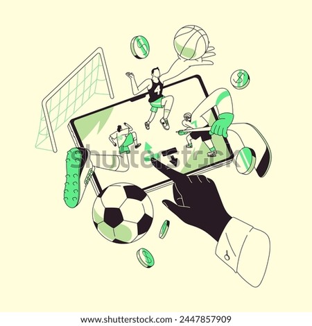 People bet on sports online, play games of chance. Hands push button in gambling app. Person wagering on football, hockey, soccer, volleyball match. Bookmaker concept flat isolated vector illustration