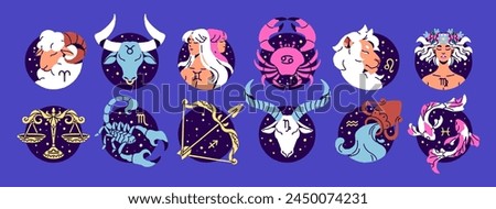 Zodiac signs with round shape set. Twelve symbols of astrology horoscope. Constellations' calendar: Aries, Gemini, Cancer, Leo, Virgo, Libra, Sagittarius, Pisces. Flat isolated vector illustration