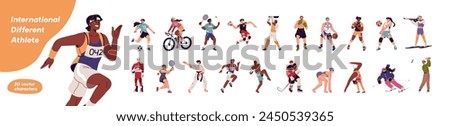 Different sportsmen, sportswomen play games set. Athletes of various sports: swimming, skiing. Football, basketball, tennis, ice hockey players. Flat isolated vector illustration on white background