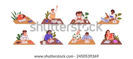Students sit at desk set. Children study, read textbooks, sleep on table at school lesson. Kids write off test, exam, raise hand to ask or answer. Flat isolated vector illustration on white background