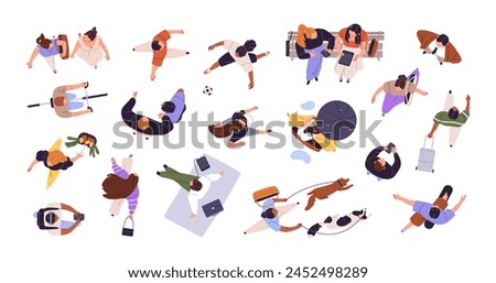 Different people top view. Person walks his dogs, girl goes with umbrella seen from above. Men and women with bike, phones move, run, stroll. Flat isolated vector illustration on white background