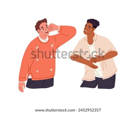 Funny friends laughing out loud together. Happy person has belly laugh. People cry with laughter at joke, chortle to tears, giggle, have fun. Flat isolated vector illustration on white background