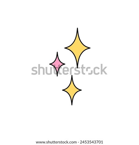 Colored sparkles icon. Symbol of cute stars. Gold twinkles, golden sparks. Sign of magic shine, glitter. Abstract shimmer, bright flash emoji. Flat isolated vector illustration on white background