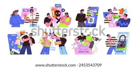 Internet scam, online fraud concept set. Cyber crime, personal data phishing. Hackers, thieves hack accounts, theft digital money, cheats people. Flat isolated vector illustration on white background