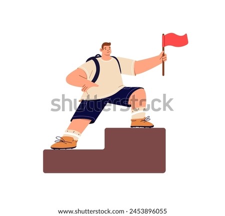 Person moves up the career ladder. Happy man achieves goal, result, win, success in mission. Leader conquers the top, height with red flag. Flat isolated vector illustration on white background