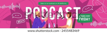 Advertising banner of live radio broadcast. People recording with microphones audio or video podcast of talk show. Design of template of header for livestream with guest. Flat vector illustration