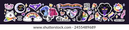 LGBT icons set. Celebration of pride month. Homosexual love, lesbians, gays sticker pack. Signs of queer gender, orientation, LGBTQ progressive flag, rainbow. Flat isolated vector illustrations