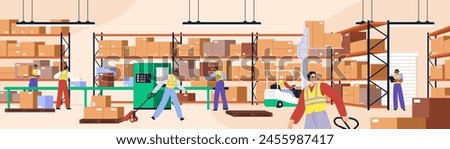 People work in warehouse. Stockroom workers do shipment of boxes with forklift. Factory storage interior. Hangar building inside. Logistic, distribution and delivery of goods. Flat vector illustration