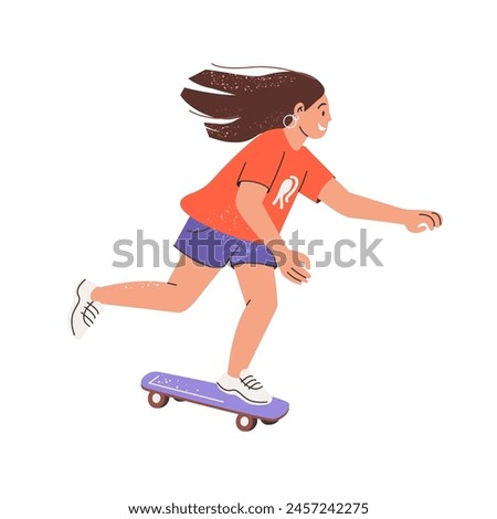 Cool girl rides fast on skateboard. Cute happy kid skates on board. Joyful teen kicks off to move, rushing with cruiser deck. Street sport. Flat isolated vector illustration on white background