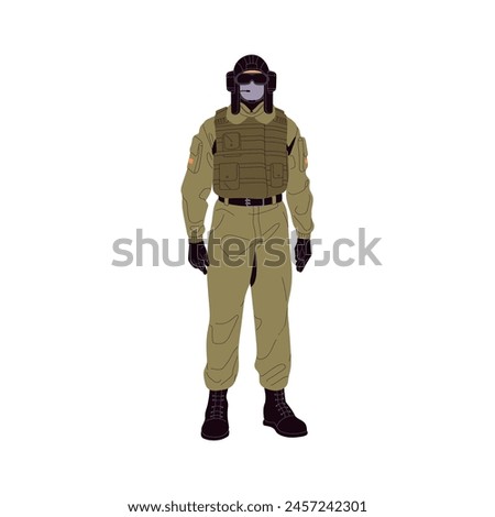 Military aircraft pilot. Brave soldier of armed air force in mask, strong combat man in khaki costume. Martial plane aviator of American army. Flat isolated vector illustration on white background