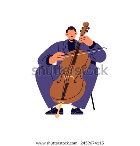 Musician performs classical music with cello. Cellist plays violoncello in symphony concert. Talented man is on performance with bowed string instrument. Flat isolated vector illustration on white
