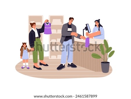 People stand in line, wait in queue in clothes shop. Customer buys, makes purchases in retail store. Seller on the counter services buyers. Flat isolated vector illustration on white background